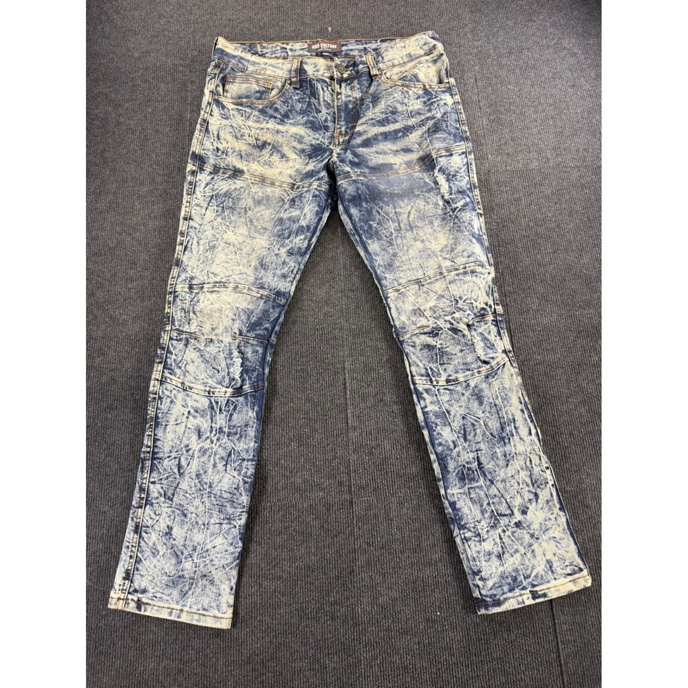 Odd Culture Mens 36x32 Acid Wash Moto Bike Jeans Slim Fit Distressed Blue Yellow